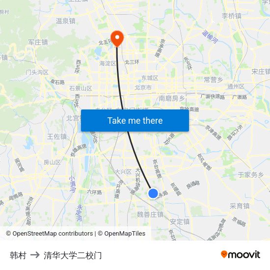 韩村 to 清华大学二校门 map