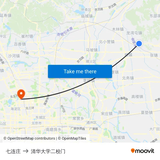 七连庄 to 清华大学二校门 map