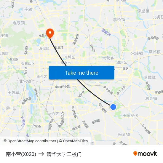 南小营(X020) to 清华大学二校门 map