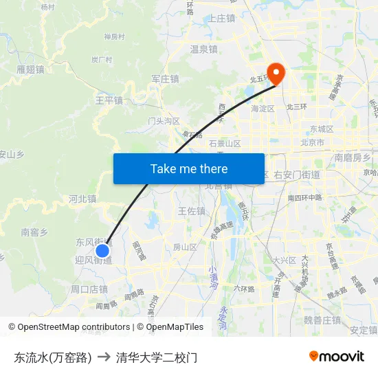 东流水(万窑路) to 清华大学二校门 map