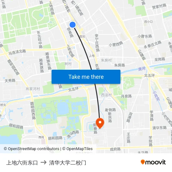 上地六街东口 to 清华大学二校门 map