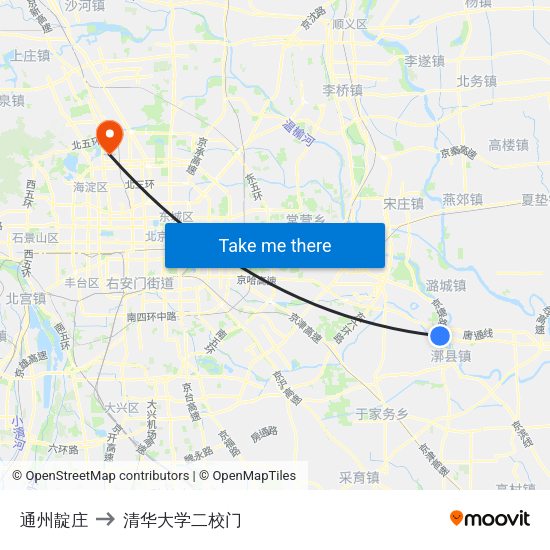 通州靛庄 to 清华大学二校门 map
