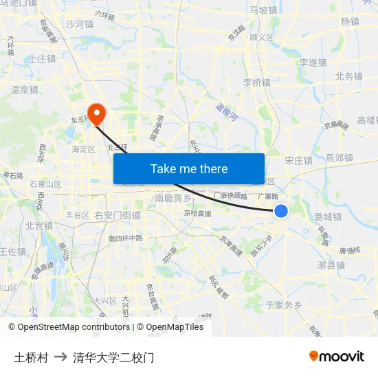 土桥村 to 清华大学二校门 map