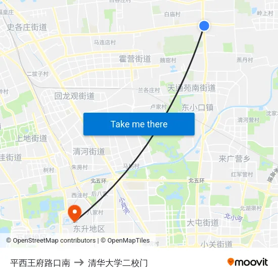 平西王府路口南 to 清华大学二校门 map
