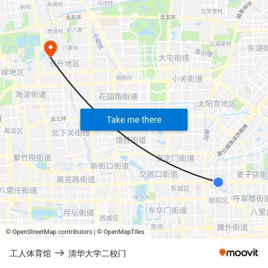 工人体育馆 to 清华大学二校门 map