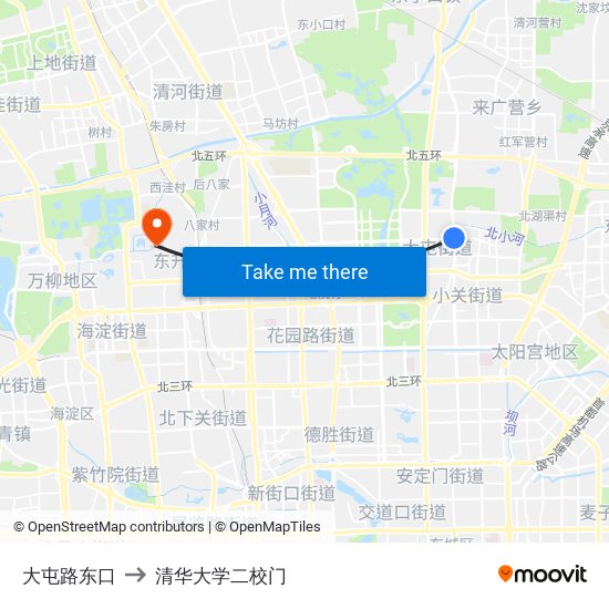 大屯路东口 to 清华大学二校门 map