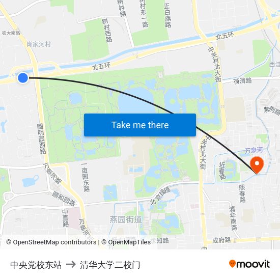 中央党校东站 to 清华大学二校门 map
