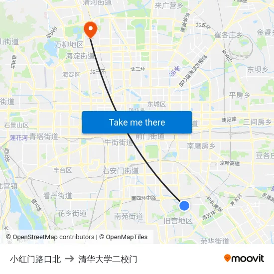 小红门路口北 to 清华大学二校门 map