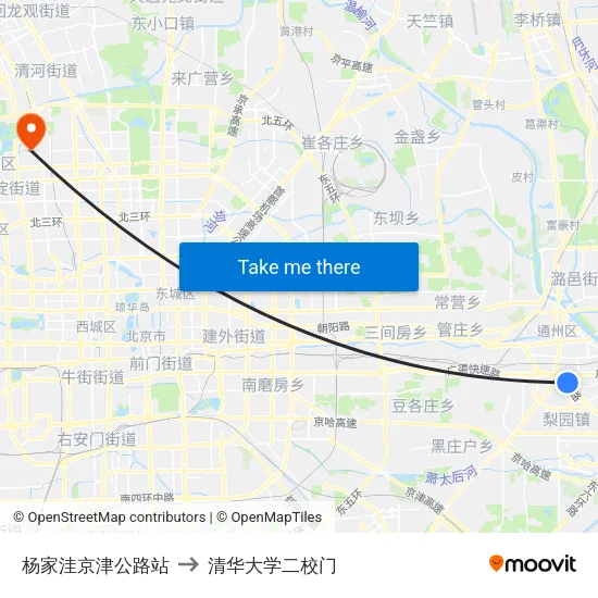 杨家洼京津公路站 to 清华大学二校门 map