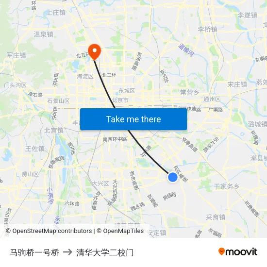 马驹桥一号桥 to 清华大学二校门 map