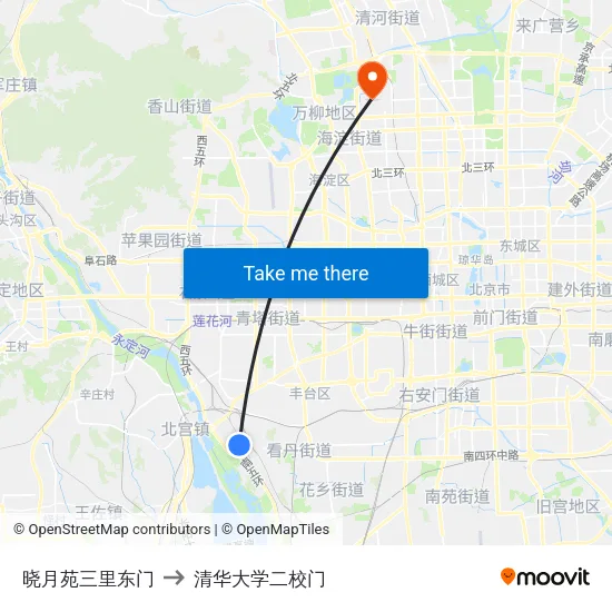 晓月苑三里东门 to 清华大学二校门 map