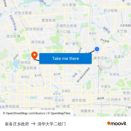崔各庄乡政府 to 清华大学二校门 map