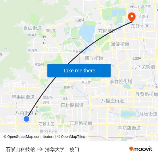 石景山科技馆 to 清华大学二校门 map