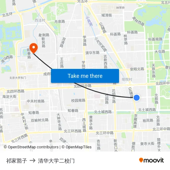 祁家豁子 to 清华大学二校门 map