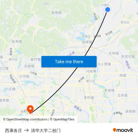 西康各庄 to 清华大学二校门 map