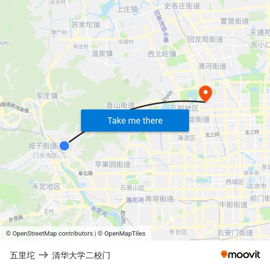 五里坨 to 清华大学二校门 map