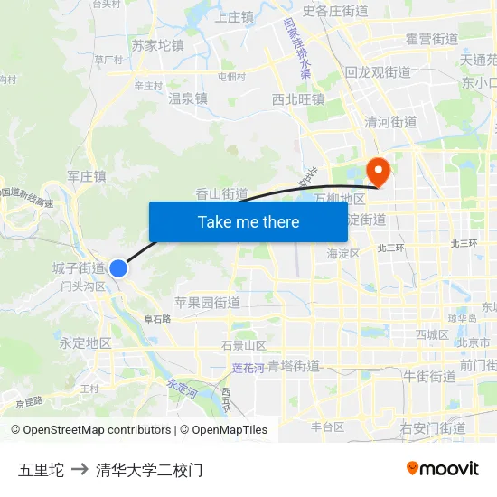 五里坨 to 清华大学二校门 map