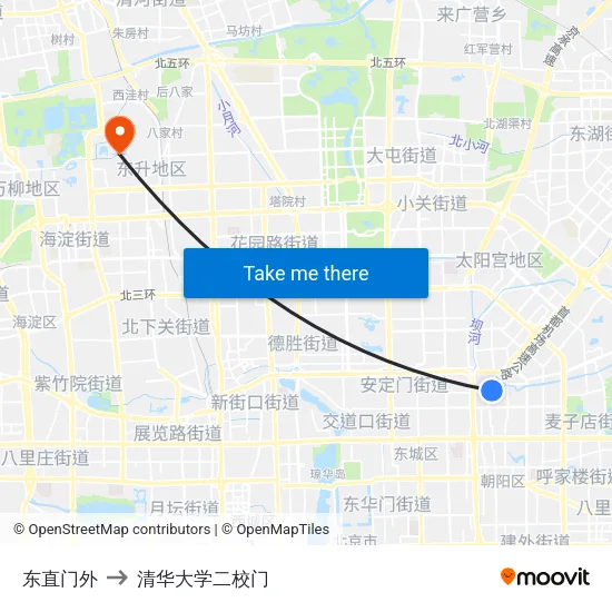 东直门外 to 清华大学二校门 map