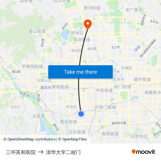三环英和医院 to 清华大学二校门 map