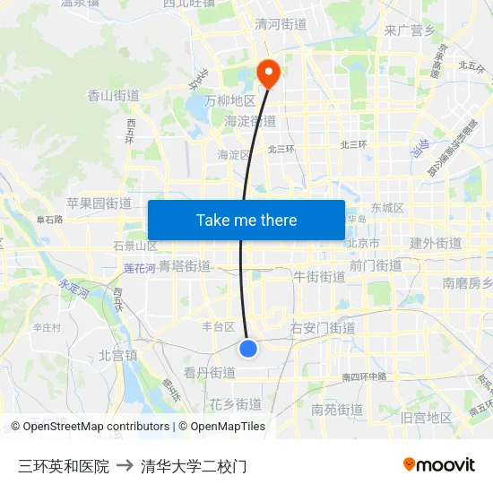 三环英和医院 to 清华大学二校门 map
