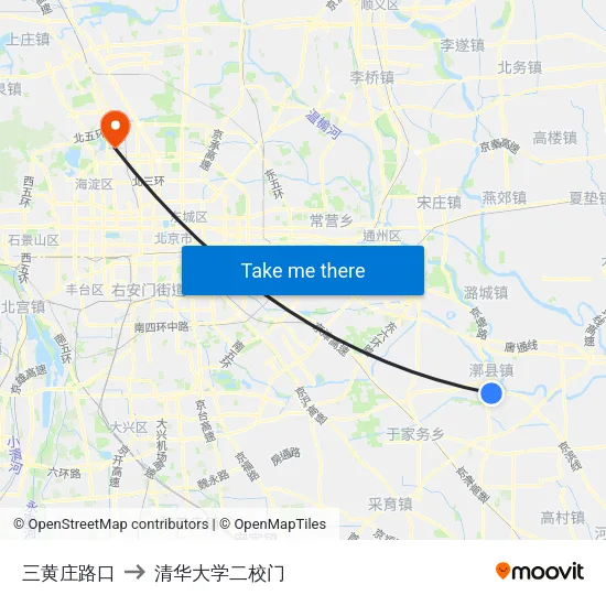 三黄庄路口 to 清华大学二校门 map