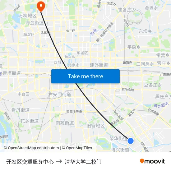 开发区交通服务中心 to 清华大学二校门 map