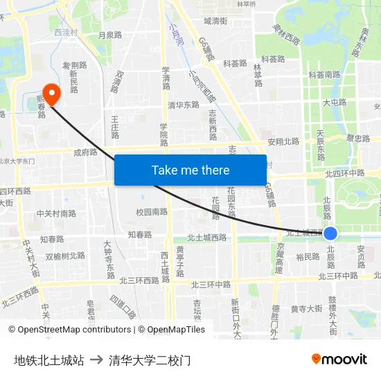 地铁北土城站 to 清华大学二校门 map
