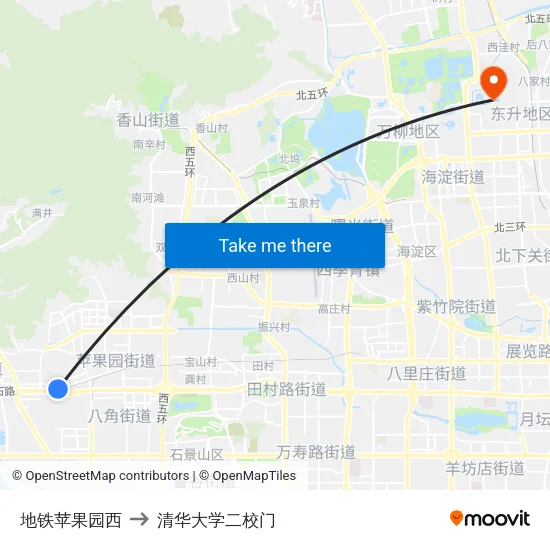 地铁苹果园西 to 清华大学二校门 map