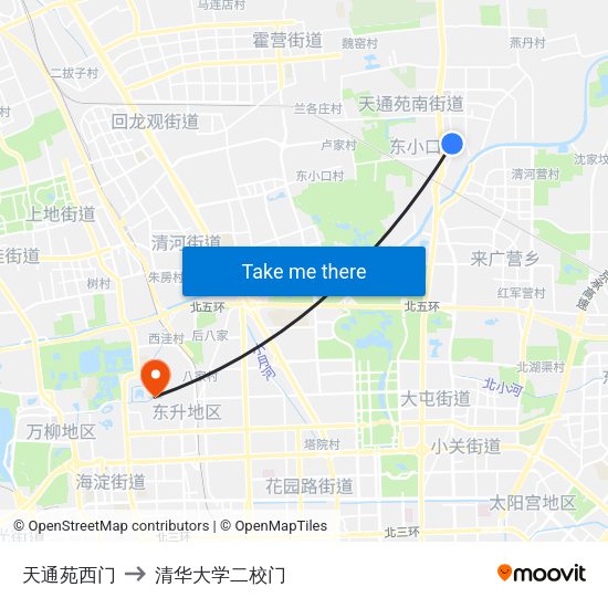 天通苑西门 to 清华大学二校门 map