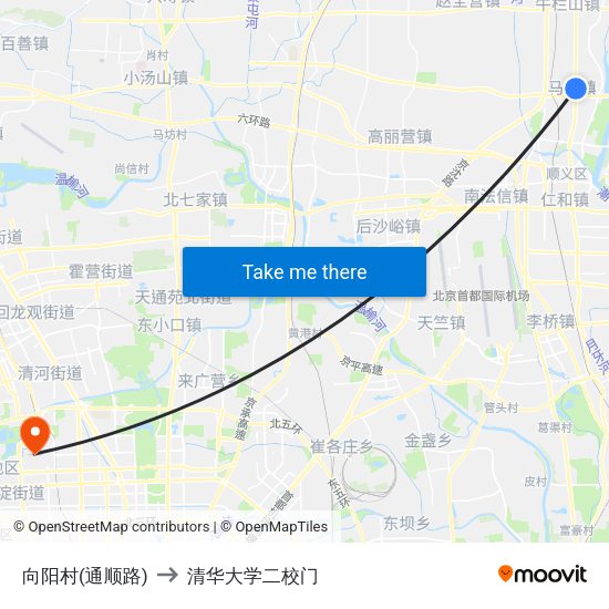 向阳村(通顺路) to 清华大学二校门 map