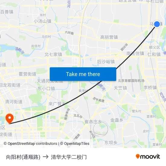 向阳村(通顺路) to 清华大学二校门 map