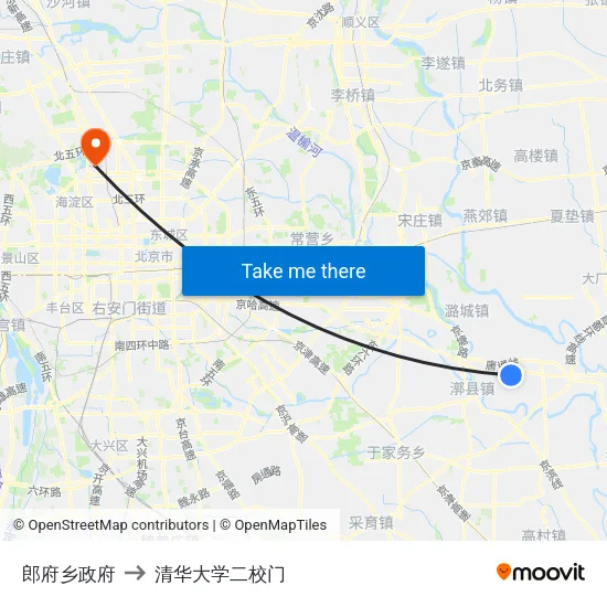 郎府乡政府 to 清华大学二校门 map