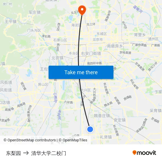 东梨园 to 清华大学二校门 map