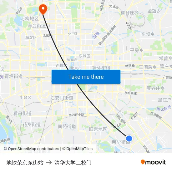 地铁荣京东街站 to 清华大学二校门 map