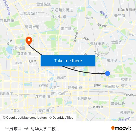 平房东口 to 清华大学二校门 map