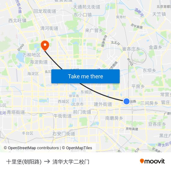 十里堡(朝阳路) to 清华大学二校门 map