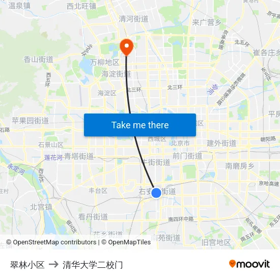 翠林小区 to 清华大学二校门 map