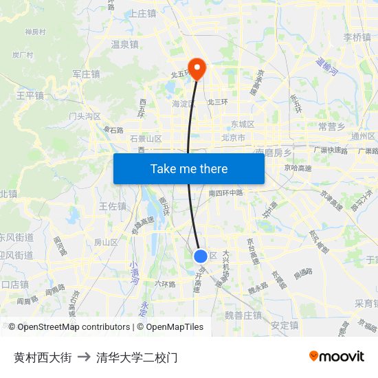 黄村西大街 to 清华大学二校门 map