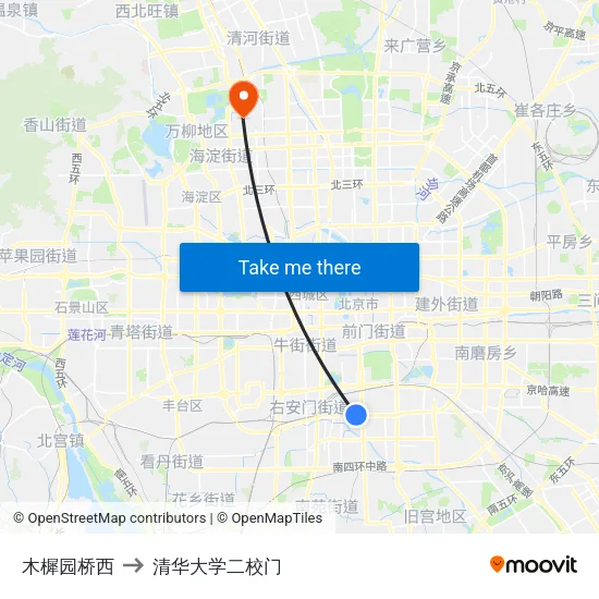 木樨园桥西 to 清华大学二校门 map