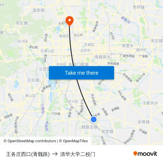 王各庄西口(青魏路) to 清华大学二校门 map