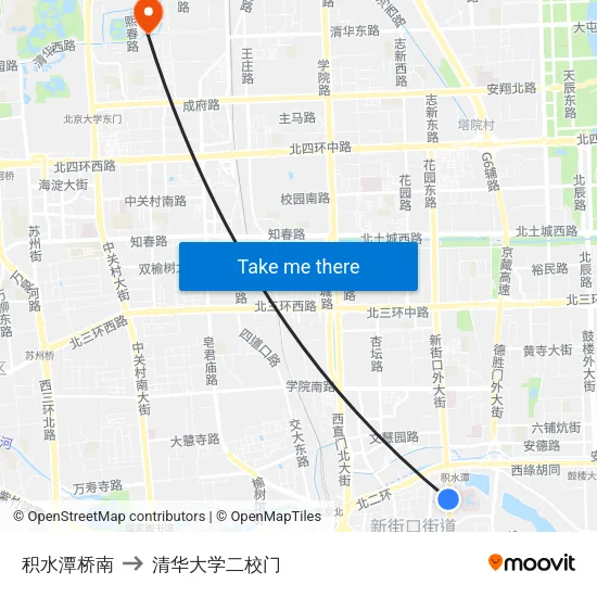 积水潭桥南 to 清华大学二校门 map