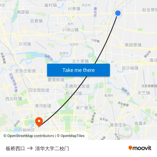 板桥西口 to 清华大学二校门 map