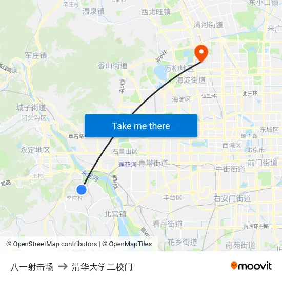 八一射击场 to 清华大学二校门 map