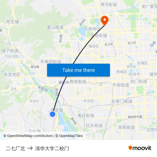 二七厂北 to 清华大学二校门 map