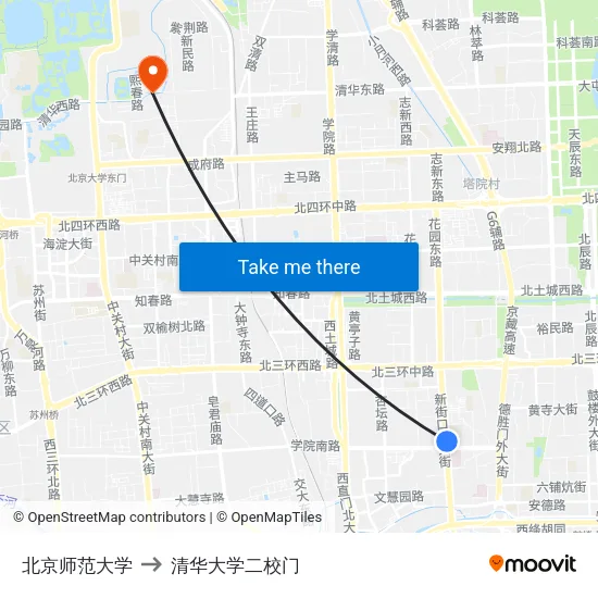 北京师范大学 to 清华大学二校门 map
