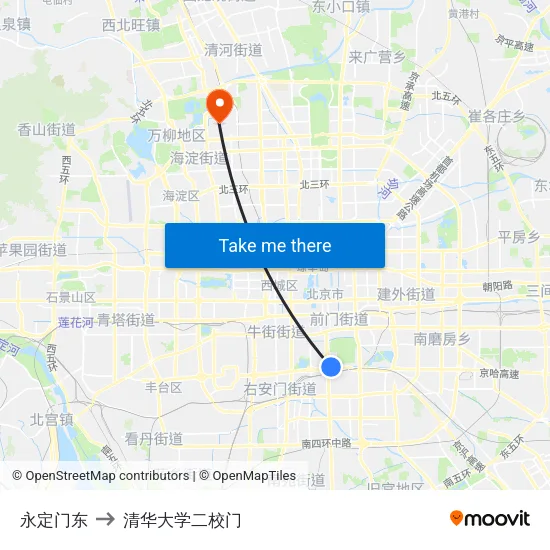 永定门东 to 清华大学二校门 map