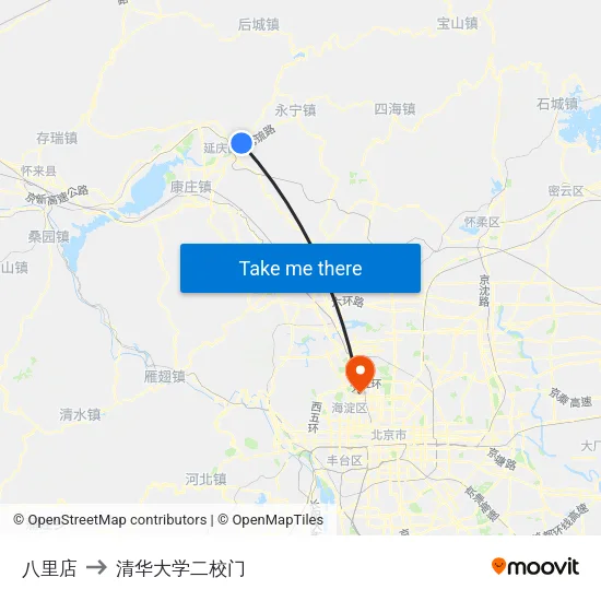 八里店 to 清华大学二校门 map