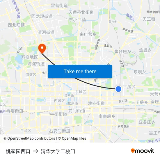 姚家园西口 to 清华大学二校门 map