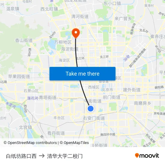 白纸坊路口西 to 清华大学二校门 map