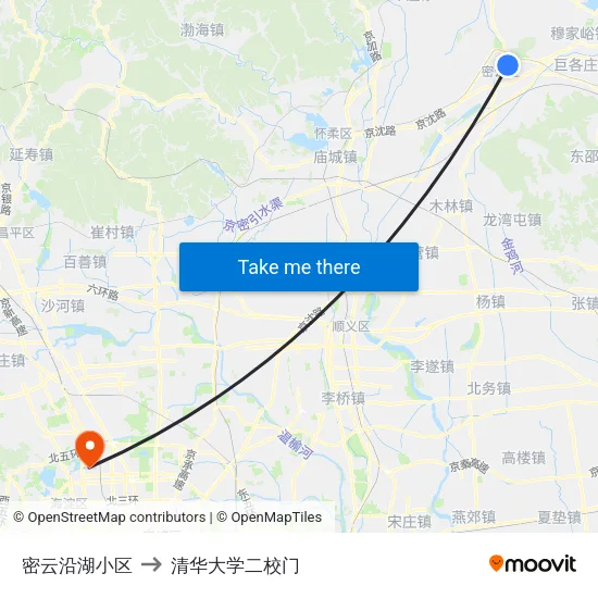 密云沿湖小区 to 清华大学二校门 map